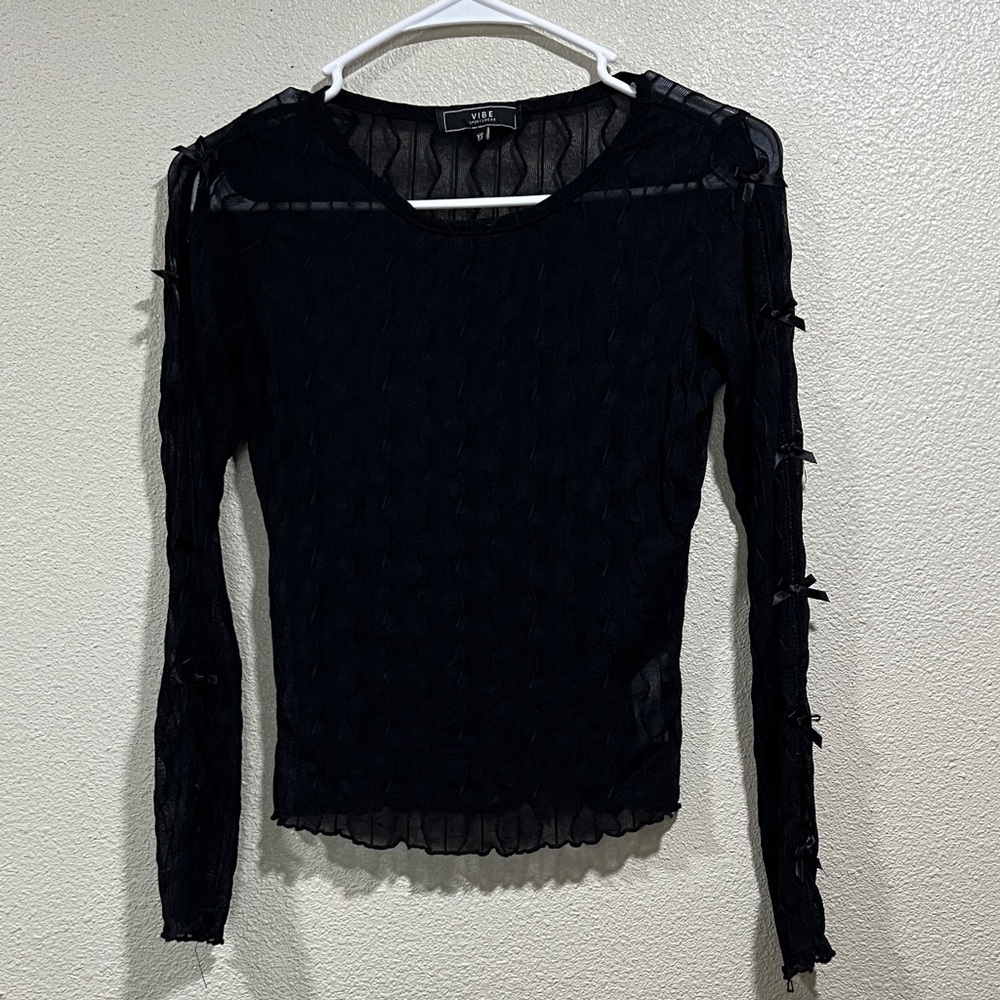 Vibe Sportswear Black Sheer Long-Sleeve Top with Sleeve Bows